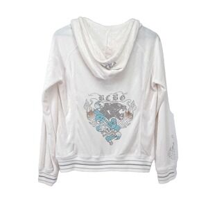 Vintage Y2K bebe Womens White Velour Zip Hoodie Rhinestone Tattoo Graphic L
